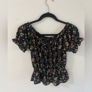 Black Floral Peasant Top